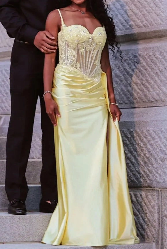 Corset Evening Gown with Slit and Beading
