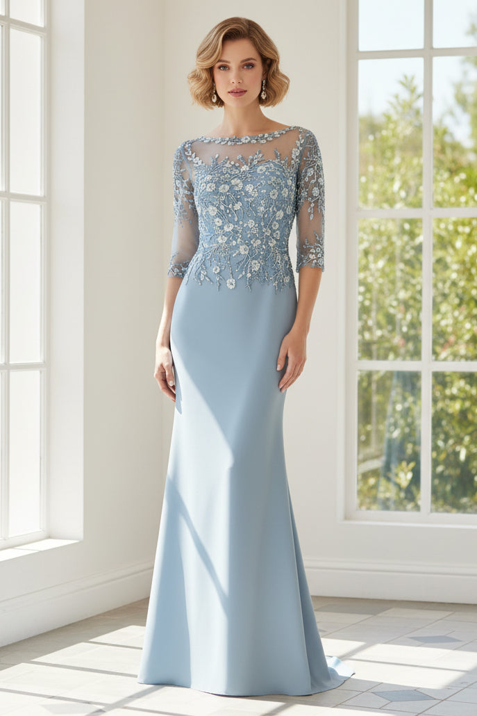 Illusion Boat Neck Crepe Gown with 3/4 Sleeves