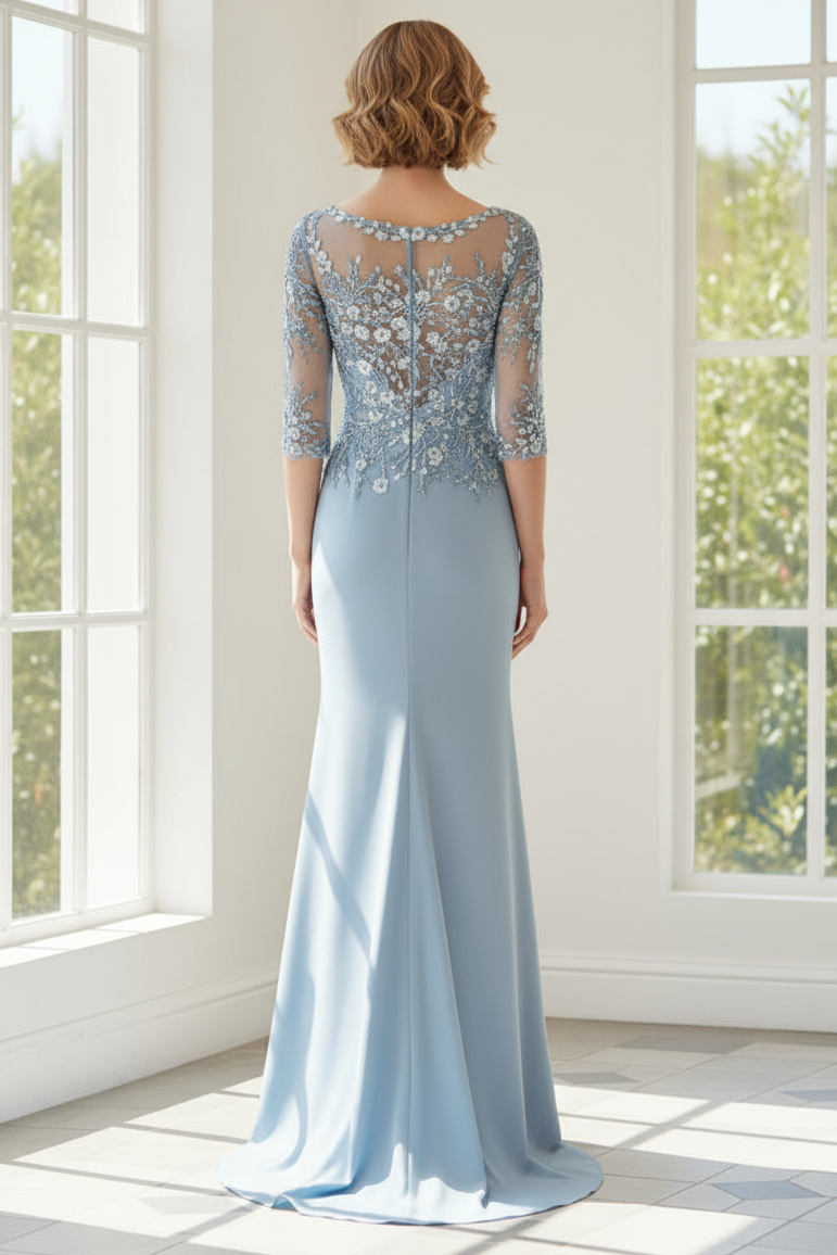 Illusion Boat Neck Crepe Gown with 3/4 Sleeves