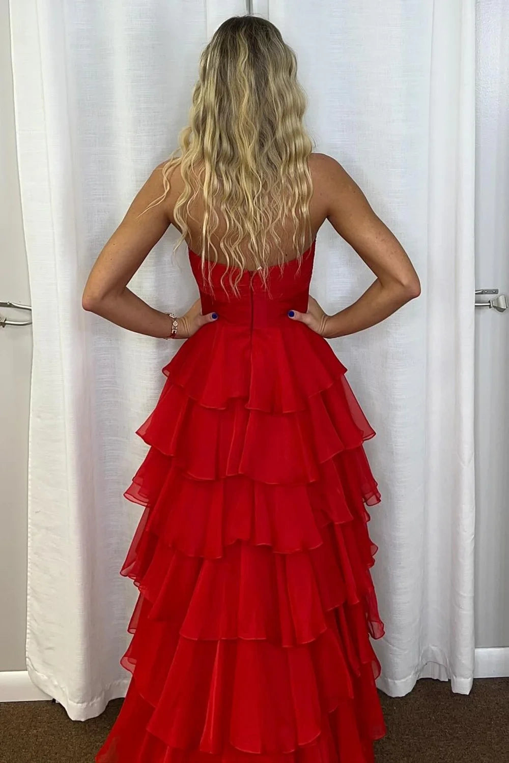 Strapless Tiered Floral Ruffle Gown with Slit