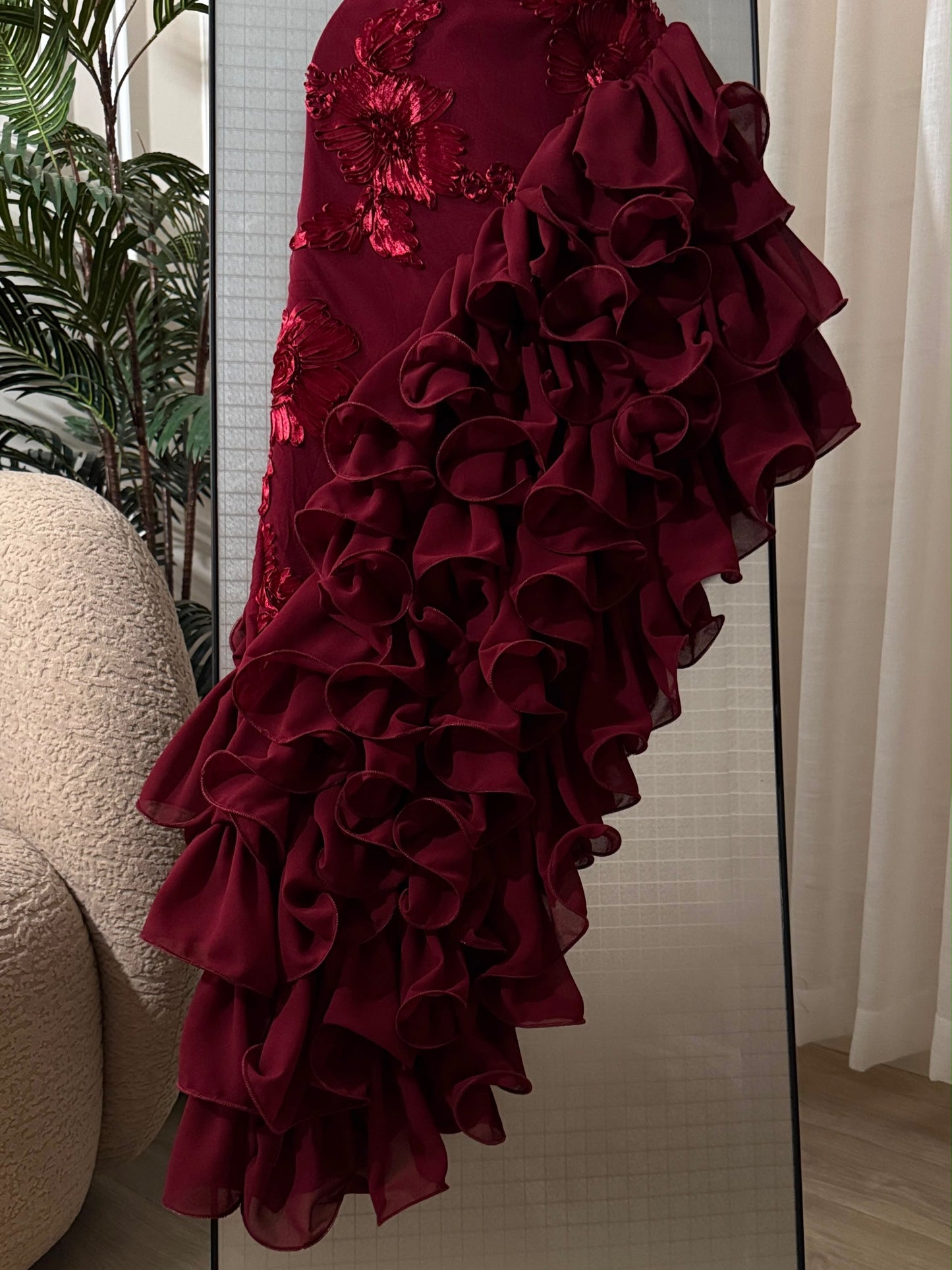 Halter Floral Applique Ruffled High-Slit Gown