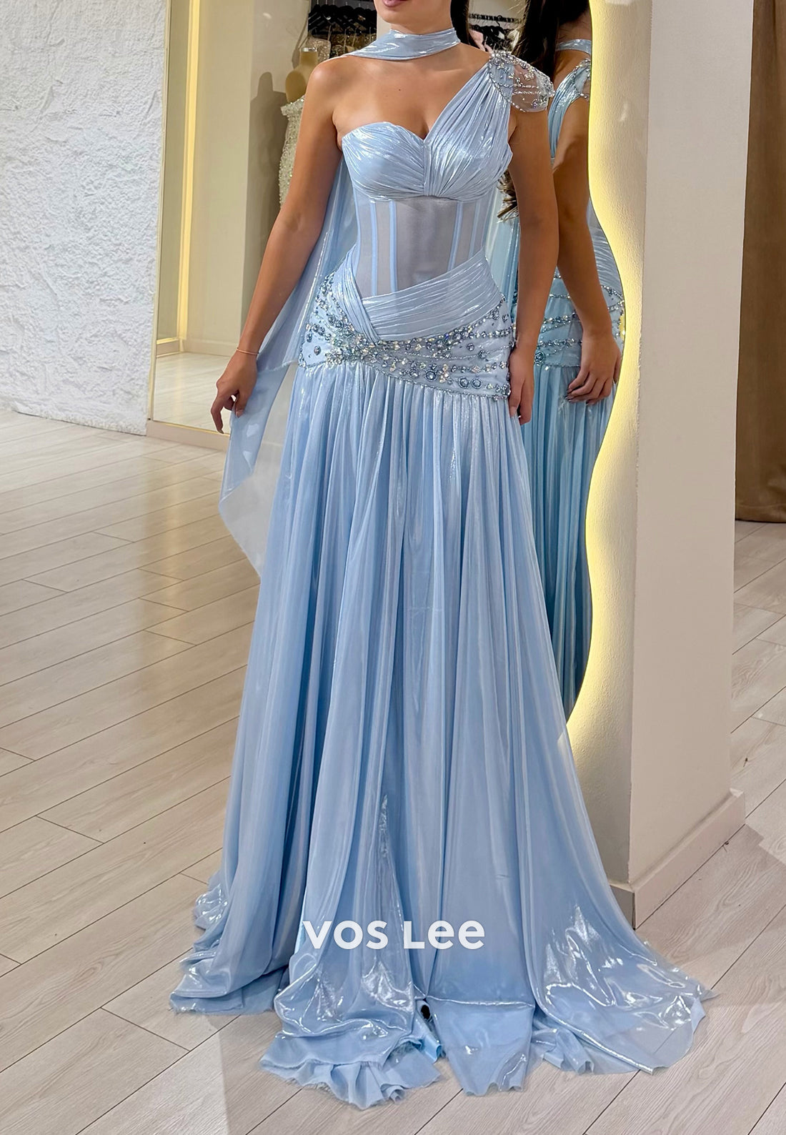 One-Shoulder Corset Gown with Beaded Waist & Slit