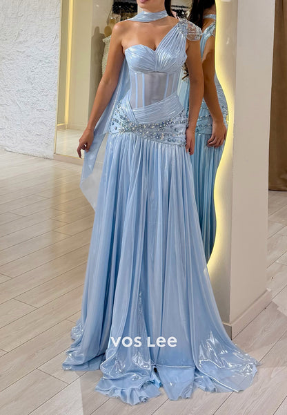 One-Shoulder Corset Gown with Beaded Waist & Slit