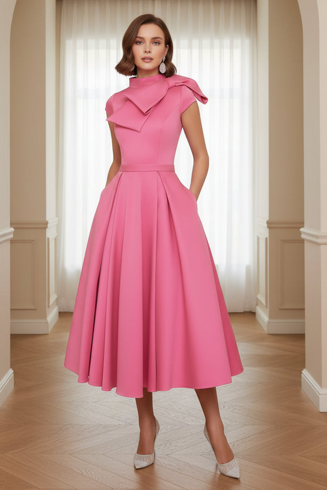 High Neck Pleated Midi A-Line Dress with Pockets