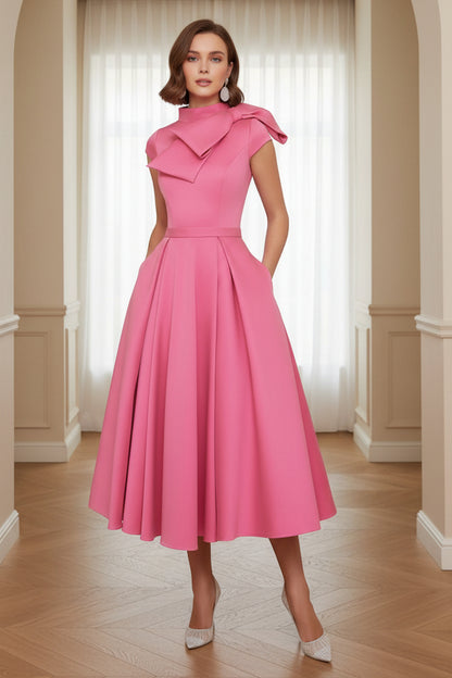 High Neck Pleated Midi A-Line Dress with Pockets