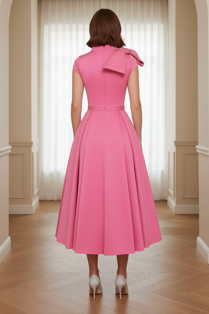 High Neck Pleated Midi A-Line Dress with Pockets