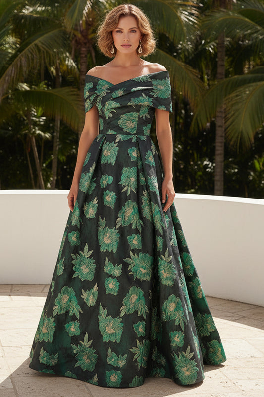 Off-the-Shoulder Jacquard A-Line Evening Gown