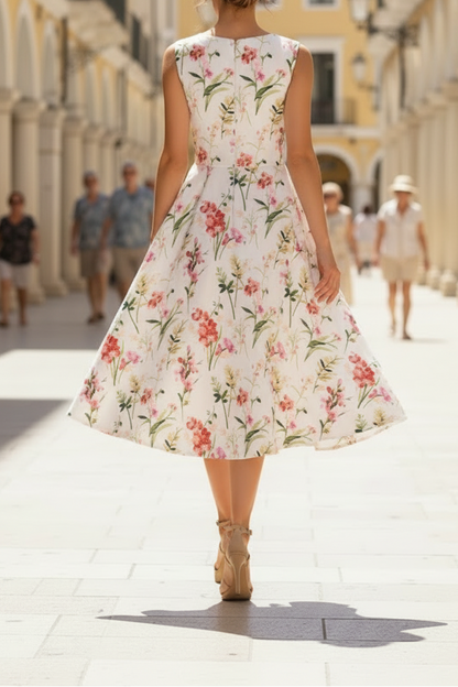 White Floral Print Midi Dress | Sleeveless A-Line Tea-Length Dress