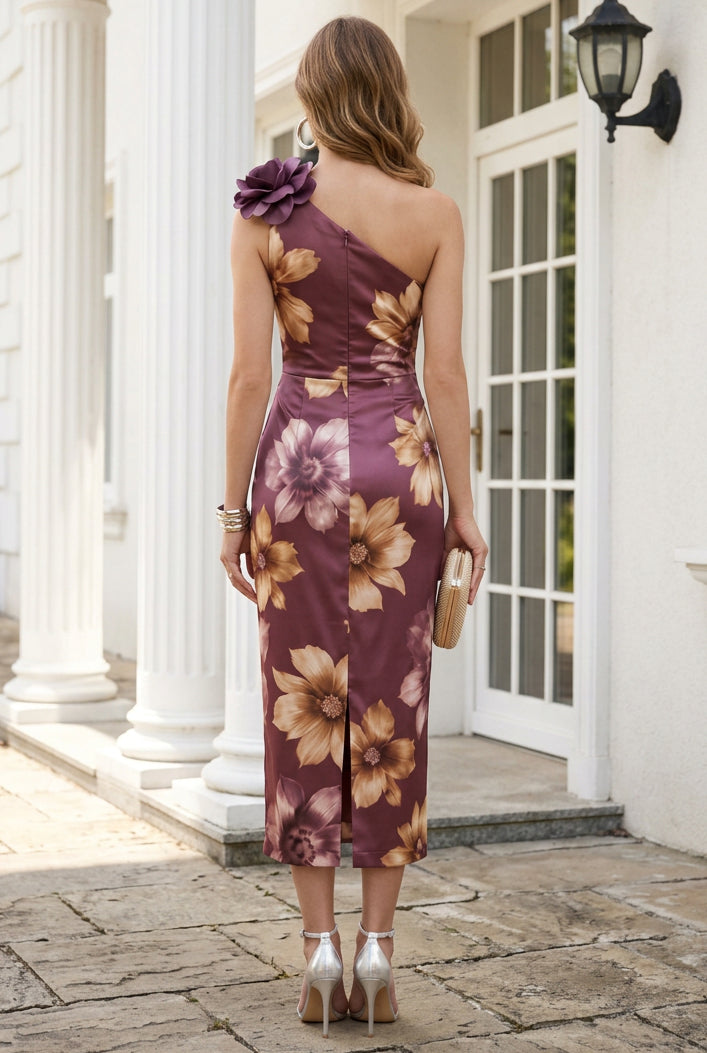 One-Shoulder Floral Satin Midi Dress with Flower