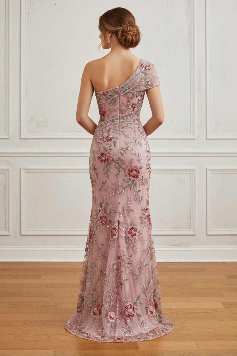 One-Shoulder Floral Embroidered Gown