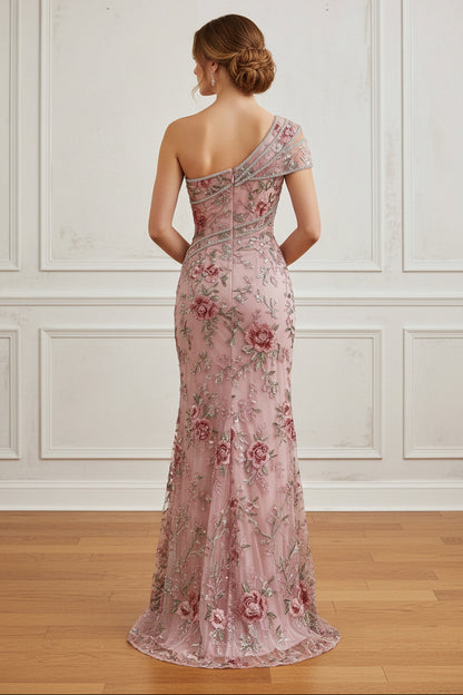 One-Shoulder Floral Embroidered Gown