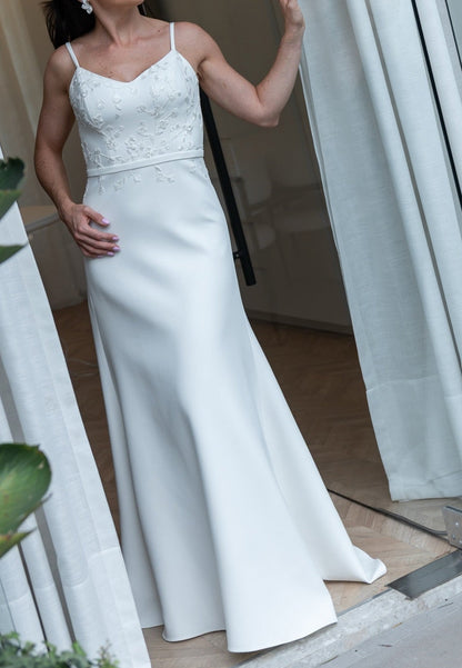 Minimalist Crepe Wedding Dress with Chiffon Cape