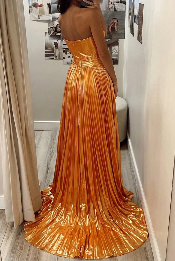Metallic Pleated Strapless Cut-Out Maxi Dress