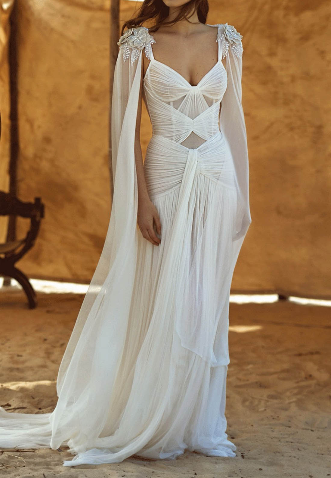 Ruched Chiffon Bridal Gown with Cape Sleeves