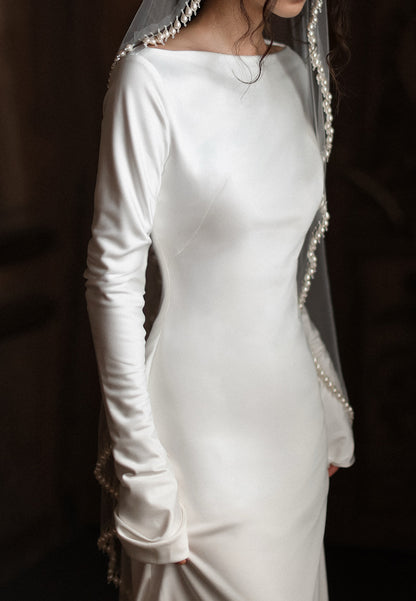 Bateau Long Sleeve Satin Wedding Dress with Train