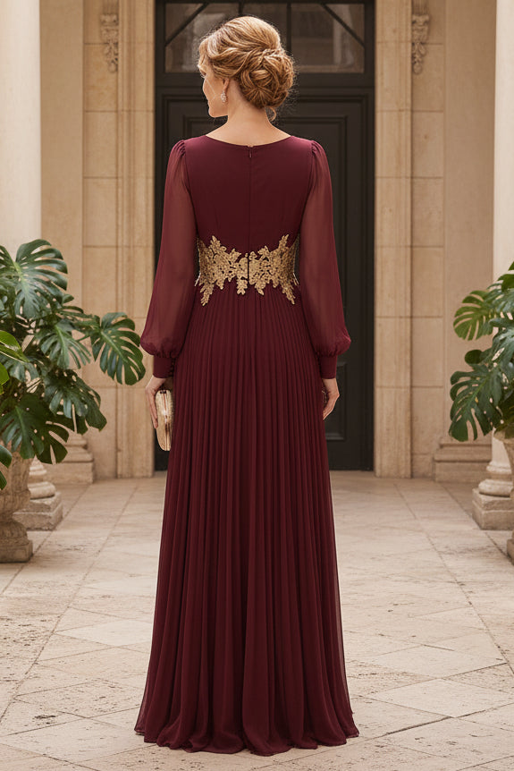 Pleated Chiffon Evening Gown with Gold Lace Applique