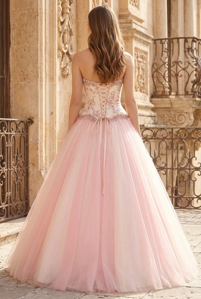 Strapless Embroidered Basq-Waist Tulle Ball Gown