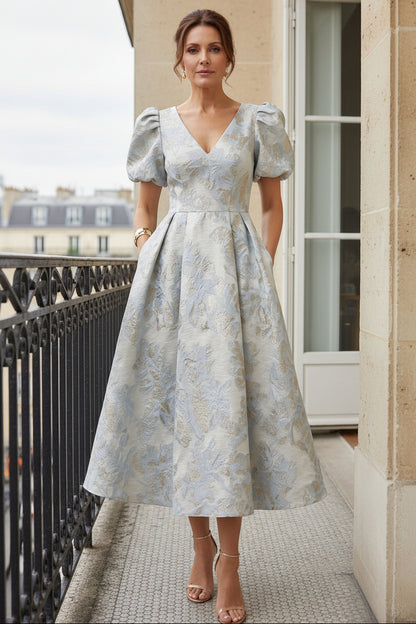 Floral Jacquard V-Neck Midi Dress with Puff Sleeves