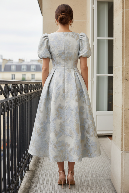 Floral Jacquard V-Neck Midi Dress with Puff Sleeves