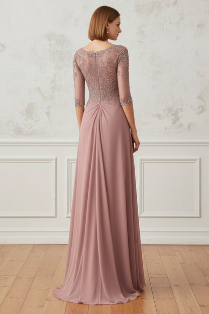 Lace Applique 3/4 Sleeve Chiffon A-Line Gown