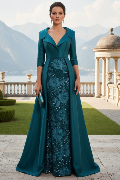 Collared Satin Evening Gown with Sequin Skirt