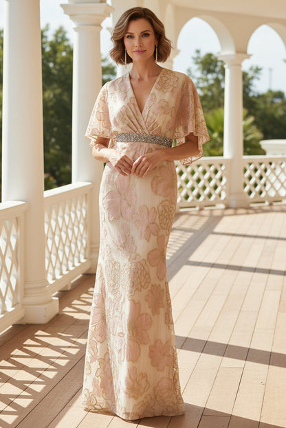 V-Neck Floral Embroidered Gown with Flutter Sleeves