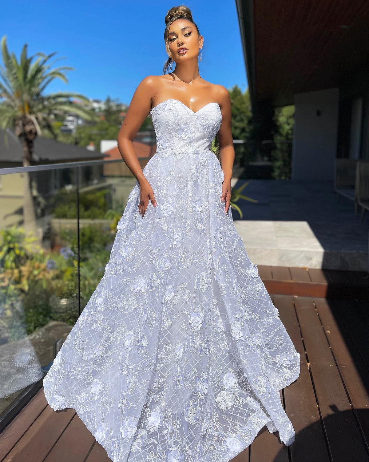 Strapless 3D Floral Ball Gown with Lace-Up Back