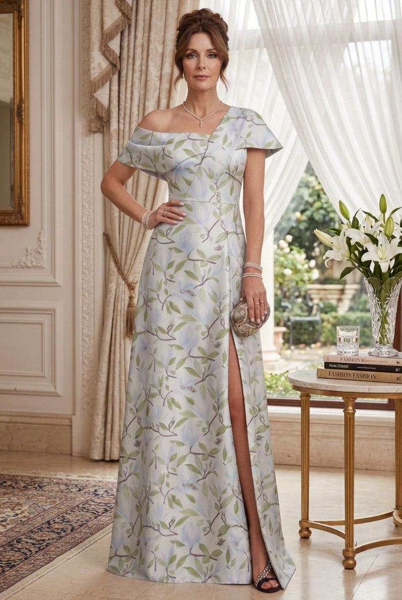 Asymmetric Leaf Print Gown with High Slit