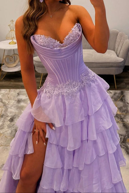 Strapless Tiered Gown with Corset Bodice and Slit