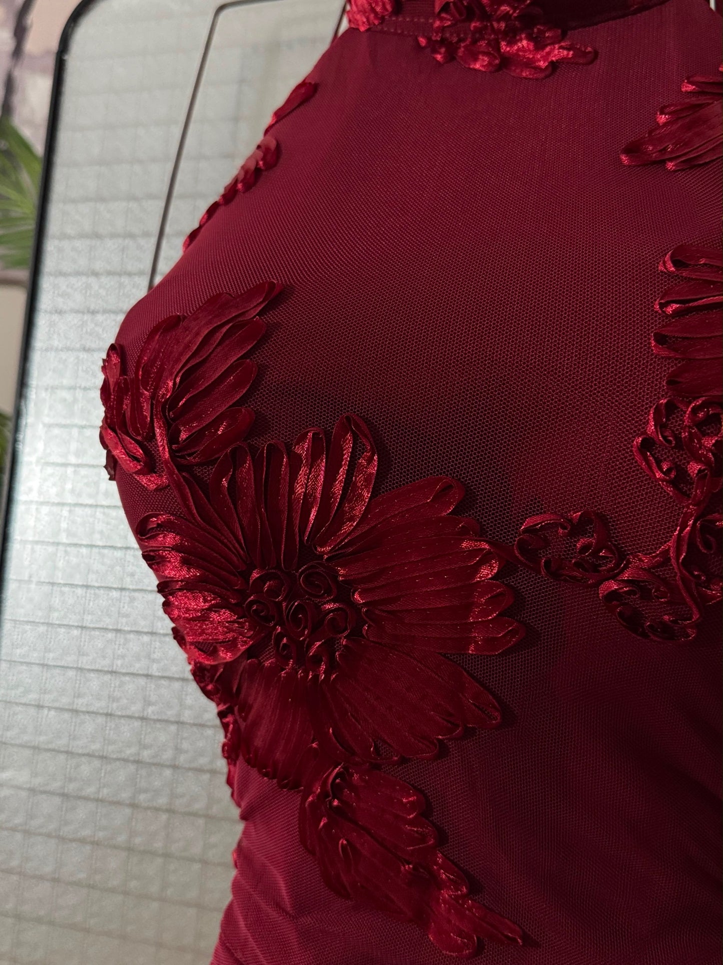 Halter Floral Applique Ruffled High-Slit Gown