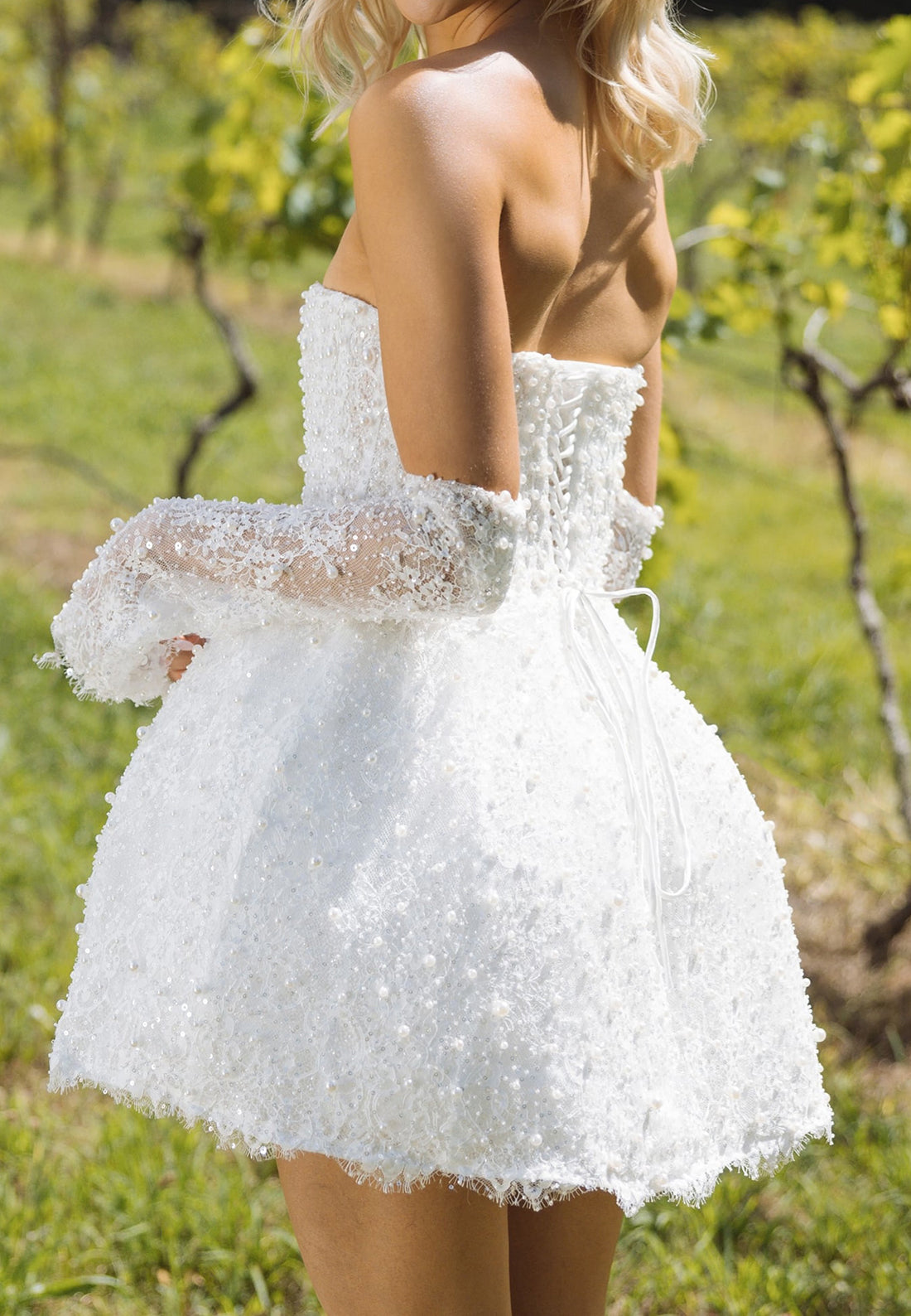 Strapless Pearl Beaded Lace Mini Dress