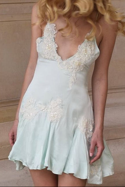 Lace Applique Satin Slip Mini Dress
