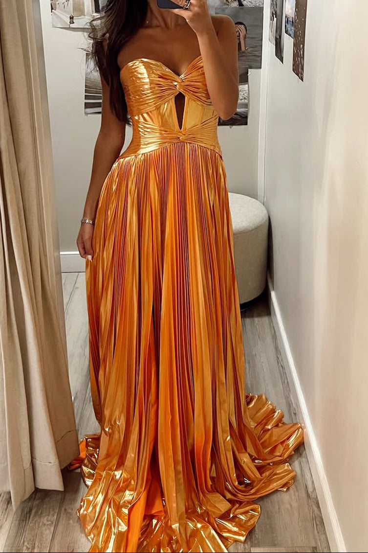 Metallic Pleated Strapless Cut-Out Maxi Dress