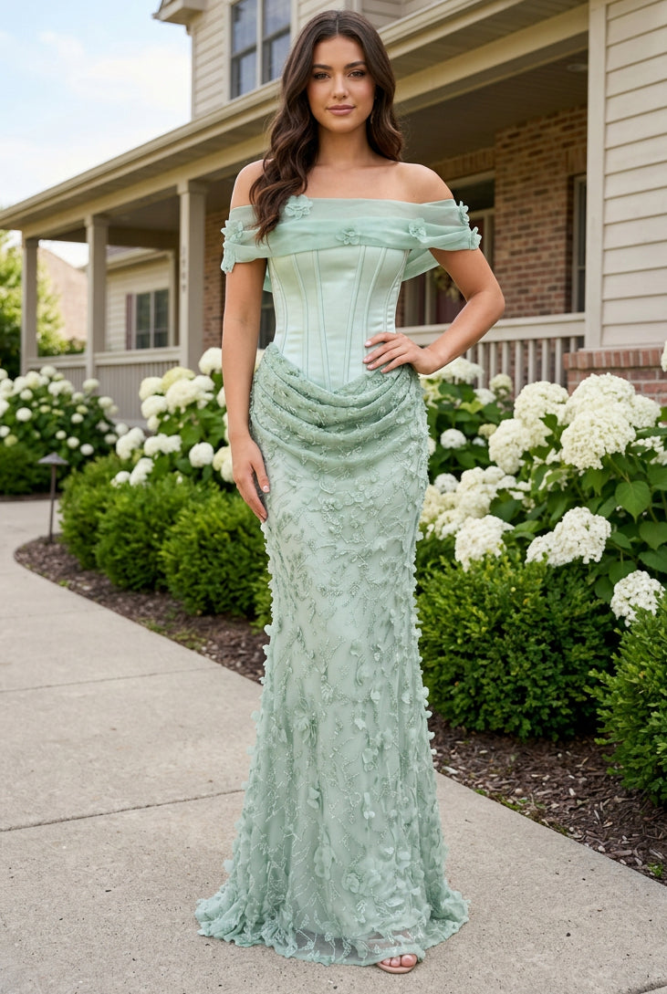Corset Evening Gown with 3D Floral Appliques