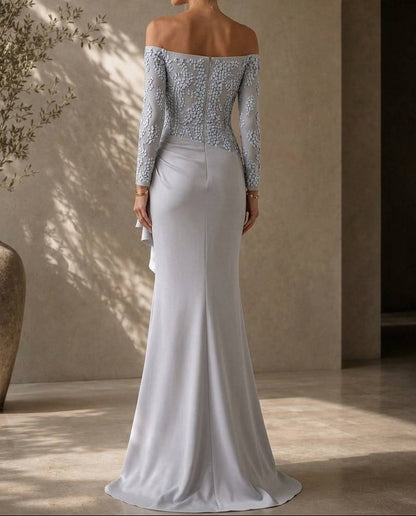 Off-the-Shoulder Long Sleeve Draped Evening Gown