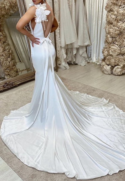 Floral Applique Deep V Mermaid Wedding Dress