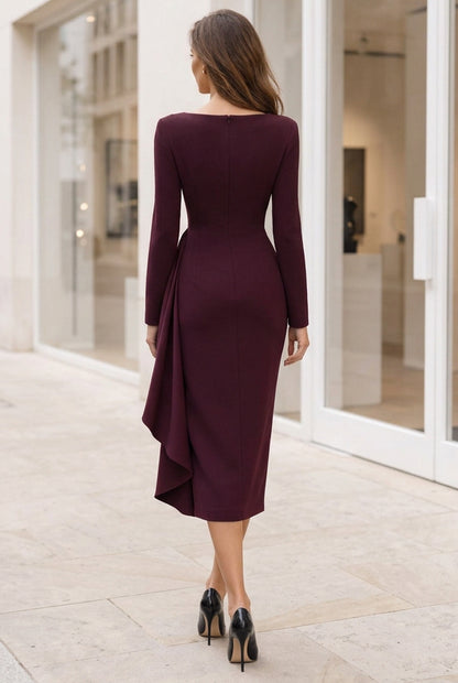 Ruched Long Sleeve Midi Sheath Dress with Side Drape