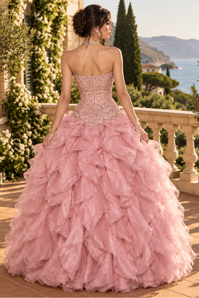 Strapless Embellished Gown with Ruffle Skirt