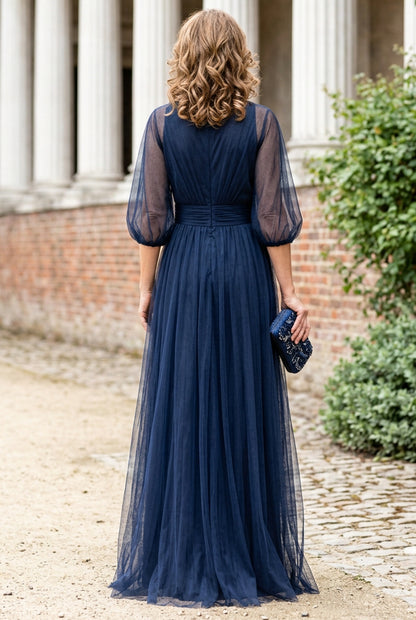 Tulle A-Line Evening Gown with Sheer Puff Sleeves