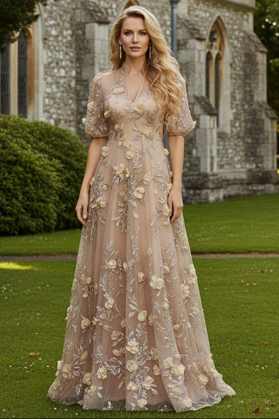 3D Floral Applique Short Sleeve A-Line Gown