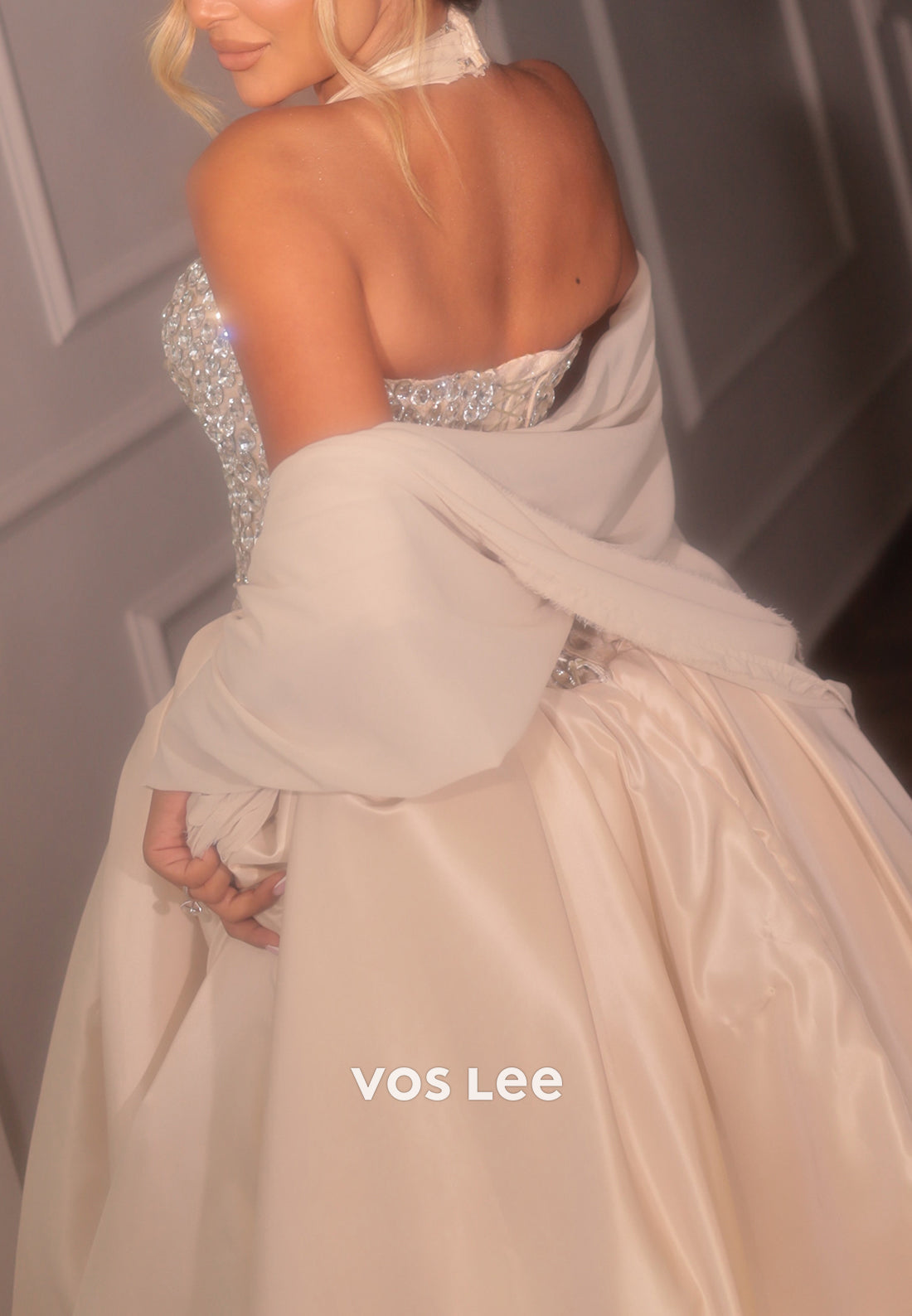 Crystal Beaded Halter Ball Gown with Shawl