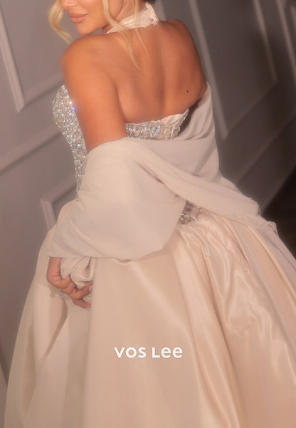Crystal Beaded Halter Ball Gown with Shawl