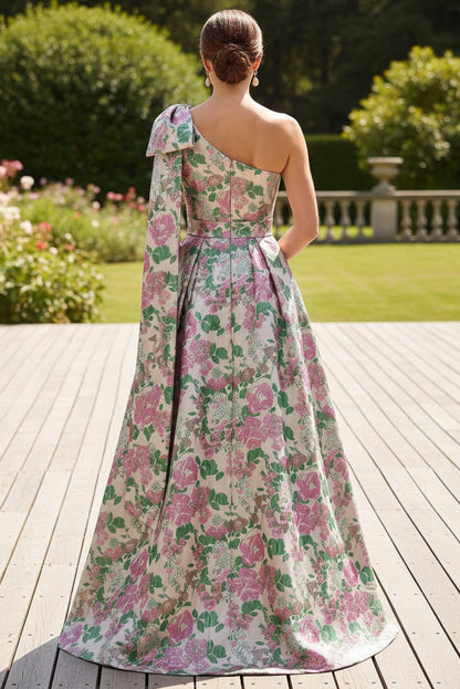One-Shoulder Floral Jacquard A-Line Gown