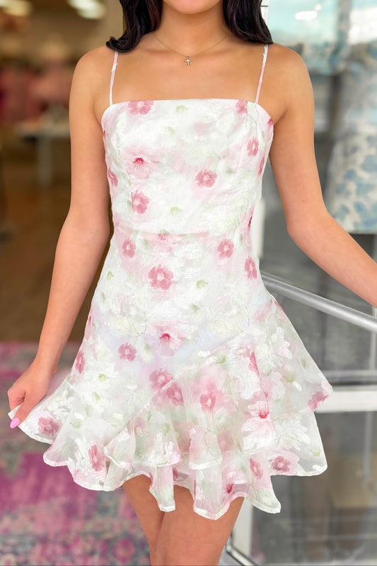 Floral Tiered Ruffle Mini Dress with Spaghetti Straps