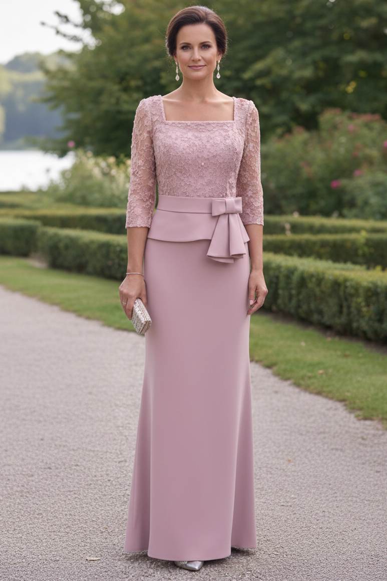 Square Neck Lace Bodice Gown with Bow Waistband