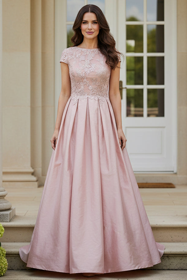 Cap Sleeve Lace and Satin Pleated Evening Gown