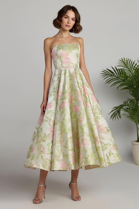 Strapless Floral Jacquard Tea-Length Dress