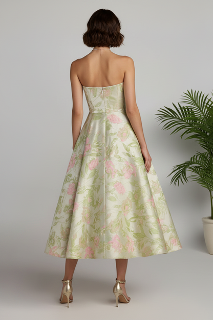 Strapless Floral Jacquard Tea-Length Dress