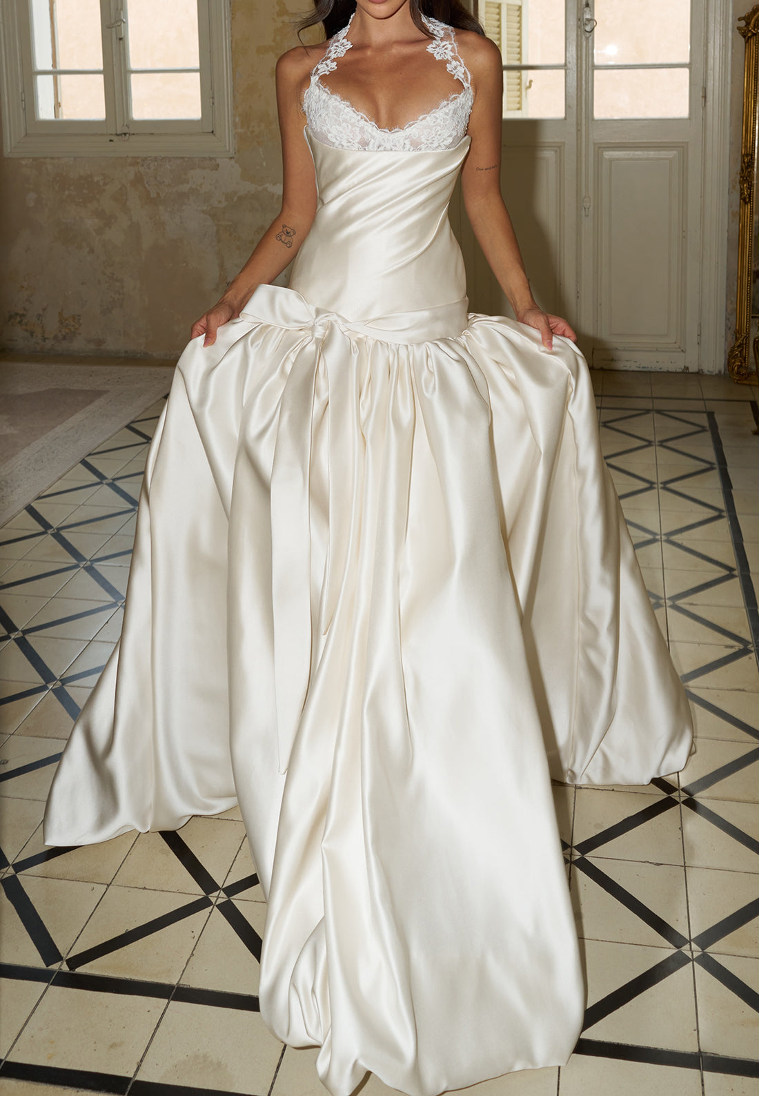 Lace Halter Drop-Waist Satin Ball Gown Wedding Dress
