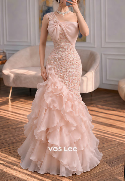 One-Shoulder Beaded Mermaid Gown with Tiered Ruffles